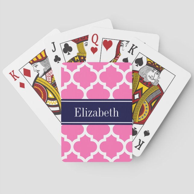 Hot Pink 2 Wht Moroccan #5 Navy Blue Name Monogram Playing Cards (Back)