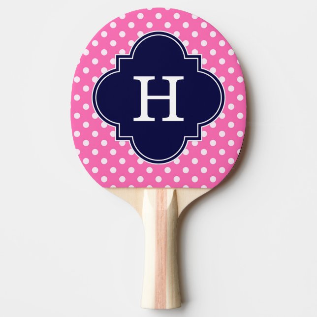Hot Pink #2 Wht Polka Dot Navy Quatrefoil Monogram Ping Pong Paddle (Front)