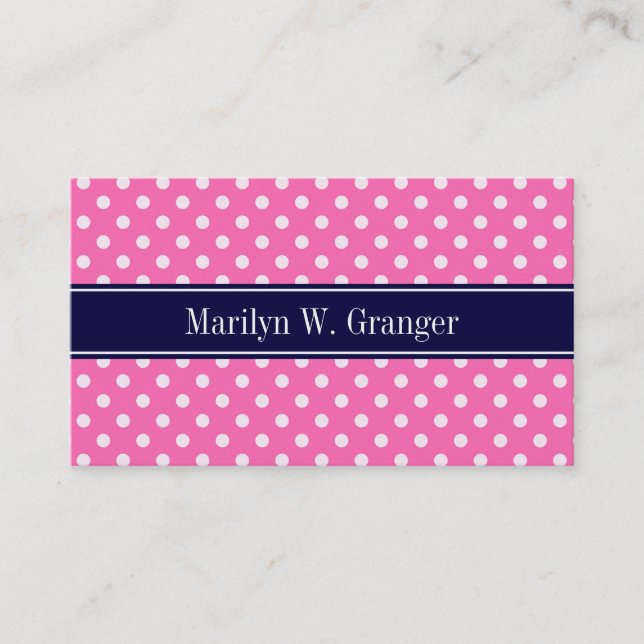 Hot Pink #2 Wht Polka Dots Navy Blue Name Monogram Business Card (Front)