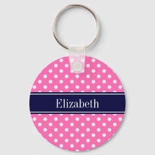 Hot Pink #2 Wht Polka Dots Navy Blue Name Monogram Key Ring