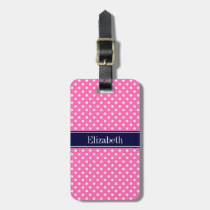 Hot Pink #2 Wht Polka Dots Navy Blue Name Monogram Luggage Tag