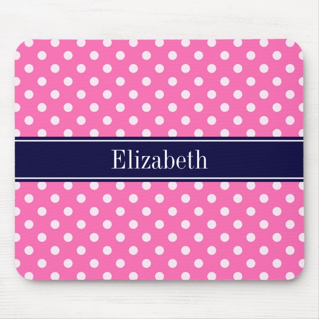 Hot Pink #2 Wht Polka Dots Navy Blue Name Monogram Mouse Mat (Front)