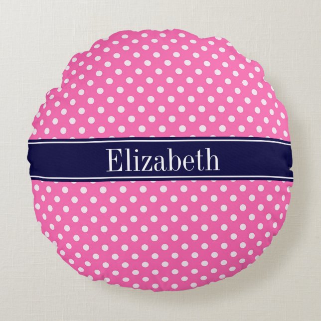 Hot Pink #2 Wht Polka Dots Navy Blue Name Monogram Round Cushion (Front)