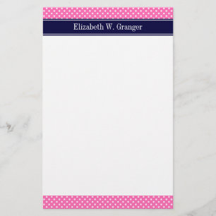 Hot Pink #2 Wht Polka Dots Navy Blue Name Monogram Stationery