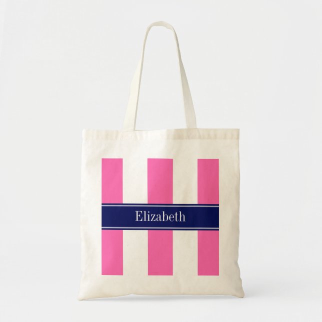 Hot Pink #2 XL Stripes, Navy 5c Name Monogram Tote Bag (Front)