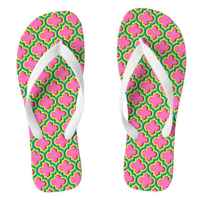 Hot Pink #2, Yellow, Teal Moroccan Quatrefoil #5DS Flip Flops (Footbed)