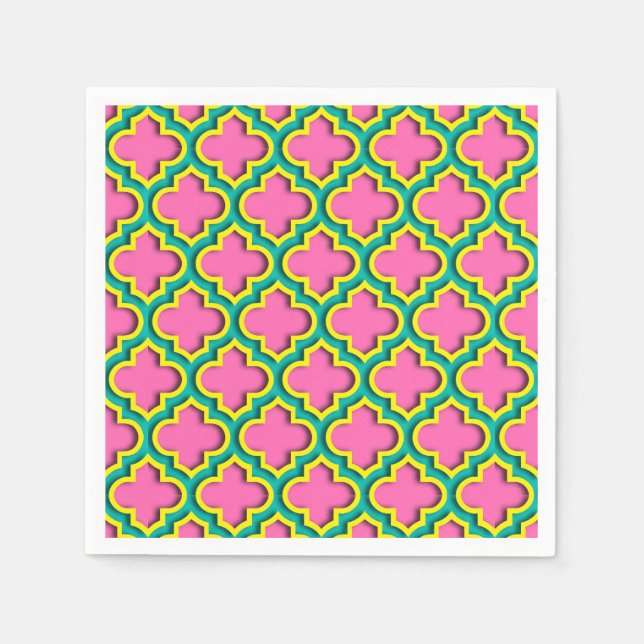 Hot Pink #2, Yellow, Teal Moroccan Quatrefoil #5DS Napkin (Front)