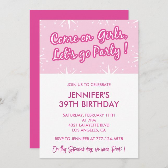 Hot pink 39th birthday invitations for her girly (Front/Back)