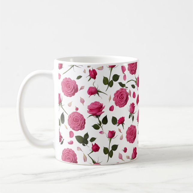 Hot Pink 3D Rose Pattern Classic Mug | Seamless (Left)