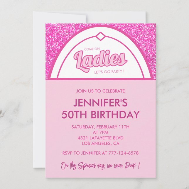 Hot pink 50th birthday invitations fifty glitter  (Front)