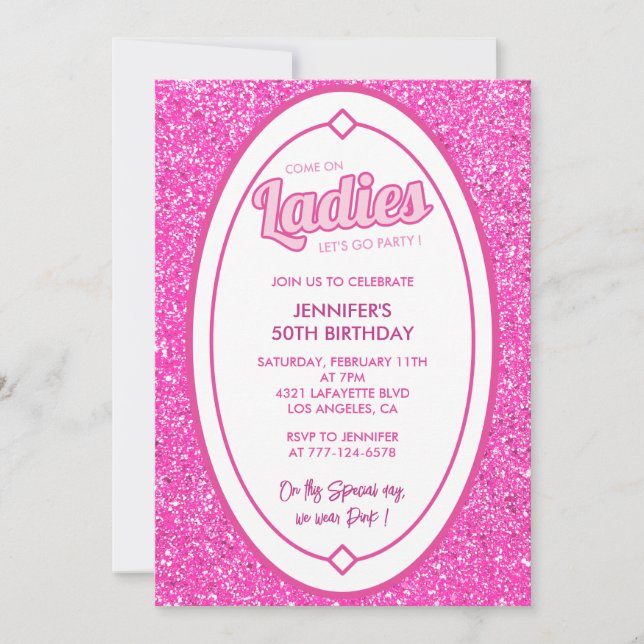 Hot pink 50th birthday invitations girly glitter (Front)