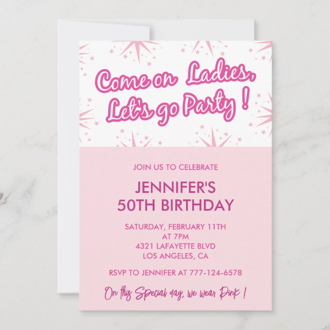 Hot pink 50th birthday invitations sparkle modern  (Front)