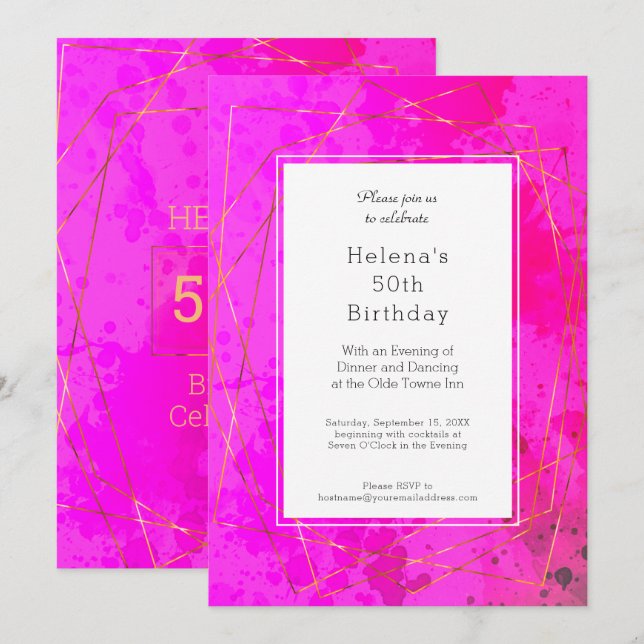 Hot Pink 50th Birthday Party Chic Modern Invitation (Front/Back)