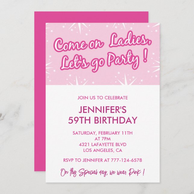 Hot pink 59th birthday invitations for her girly (Front/Back)