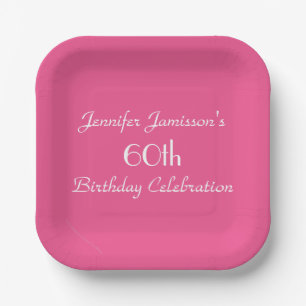 Hot Pink 60th Birthday Party Name Square Paper Plate