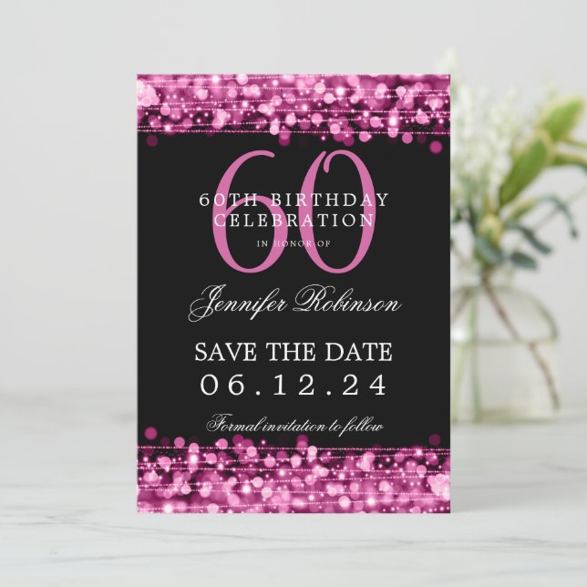 Hot Pink 60th Birthday Save the Date w/ Details Invitation (Standing Front)