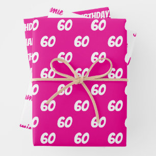 HOT PINK 60th Happy Birthday Custom Name Wrapping Paper Sheet