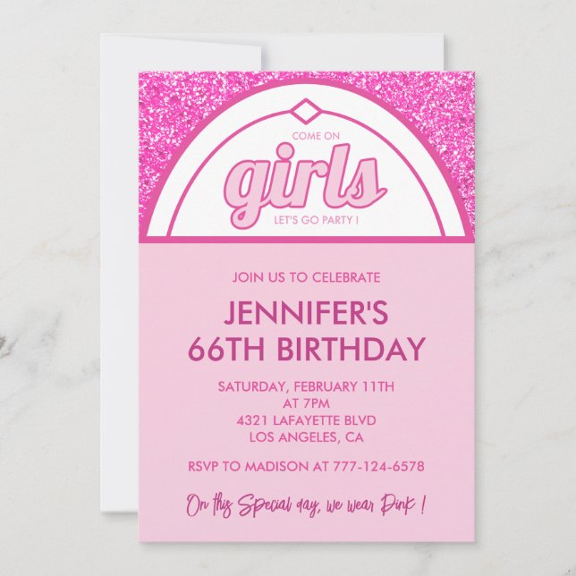 Hot Pink 66th birthday invitations Glitter Girl (Front)