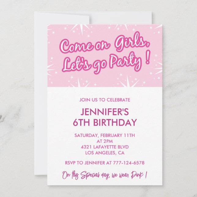 Hot pink 6th birthday invitations for her girly (Front)