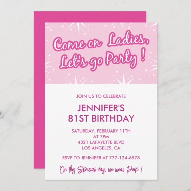 Hot pink 81st birthday invitations for her girly (Front/Back)