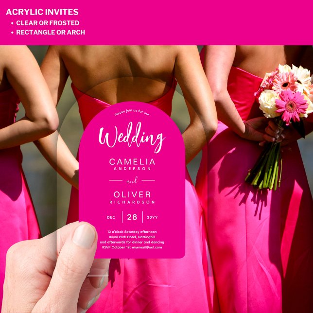 Hot Pink Acrylic Wedding Invites White Text Modern Invitations (Creator Uploaded)