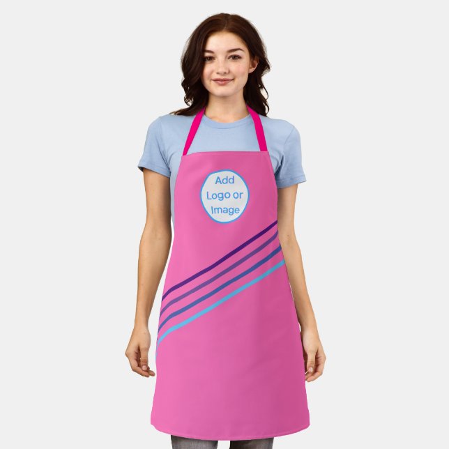 Hot Pink - add logo or image with colourful stripe Apron (Worn)