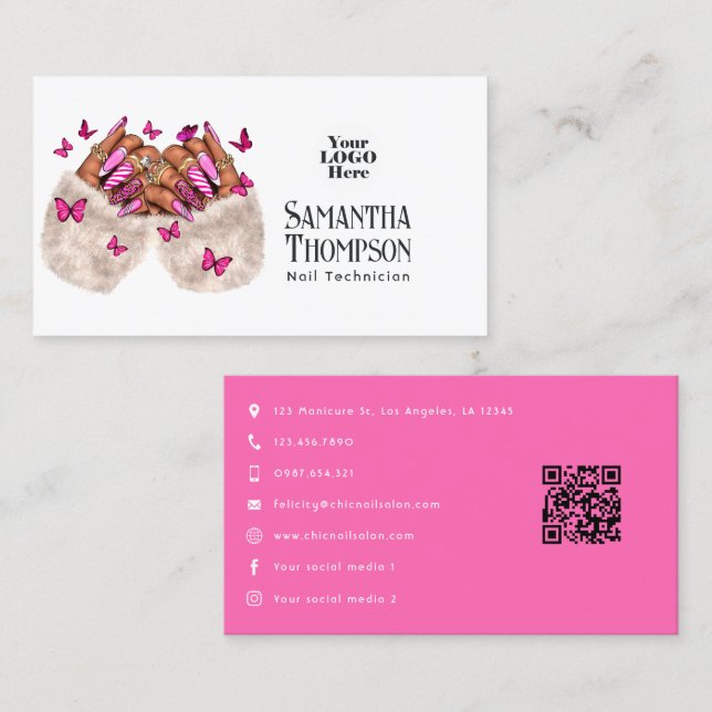 Hot Pink African American Nail Salon Branding Business Card (Front/Back)