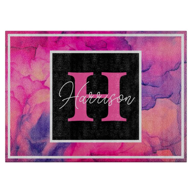 Hot Pink Alcohol Ink Monogram Personalised Cutting Board (Front)