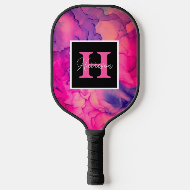 Hot Pink Alcohol Ink Monogram Personalised  Pickleball Paddle (Front)