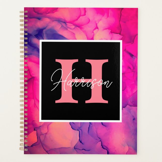 Hot Pink Alcohol Ink Monogram Planner for Her (Front)