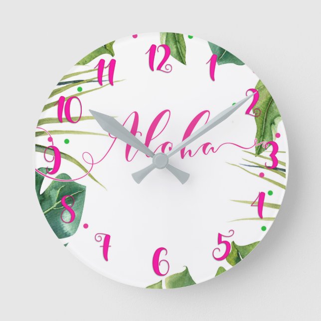 Hot Pink ALOHA Tropical Leaves Botanical Round Clock (Front)
