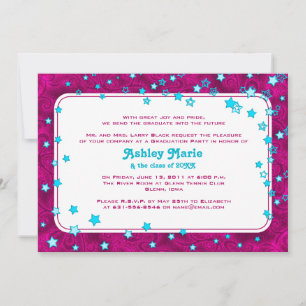 Hot Pink and Aqua Blue Stars Graduation Invitation