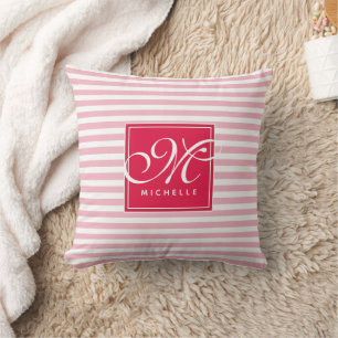 Hot Pink and Baby Pink Striped - Script Monogram Cushion