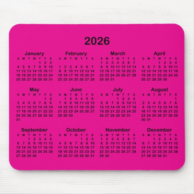 Hot Pink and Black 2026 Calendar Mouse Mat (Front)