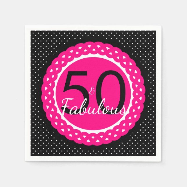 Hot Pink and Black 50 & Fabulous Birthday Party Napkin (Front)
