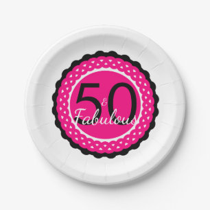 Hot Pink and Black 50 & Fabulous Birthday Party Paper Plate