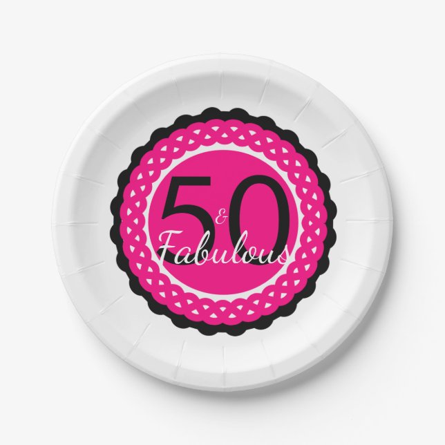 Hot Pink and Black 50 & Fabulous Birthday Party Paper Plate (Front)