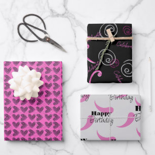 Hot pink and Black birthday wrapping paper sheets