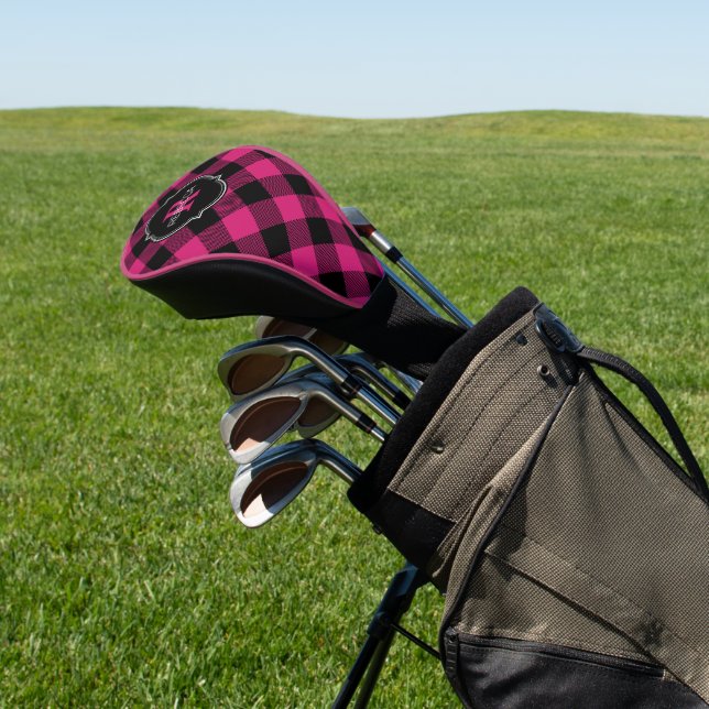 Hot Pink and Black Buffalo Plaid Name Monogram Golf Head Cover (In Situ)