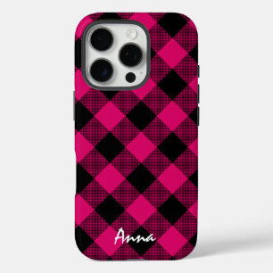 Hot Pink and Black Buffalo Plaid Personalised iPhone 16 Pro Case