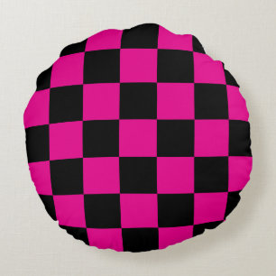 Hot Pink and Black Checkered Round Cushion
