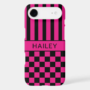 Hot Pink and Black Checkered Striped Personalized
