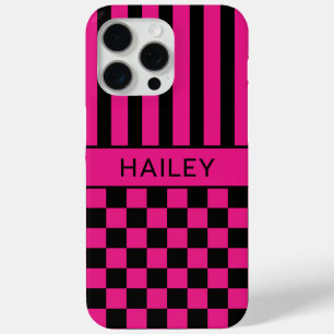 Hot Pink and Black Checkered Striped Personalized iPhone 15 Pro Max Case
