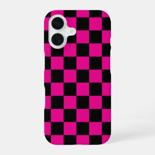 Hot Pink and Black Chequered Print iPhone 16 Case