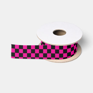 Hot Pink and Black Chequered Print Satin Ribbon