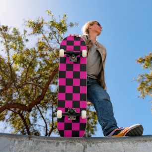 Hot Pink and Black Chequered Print  Skateboard