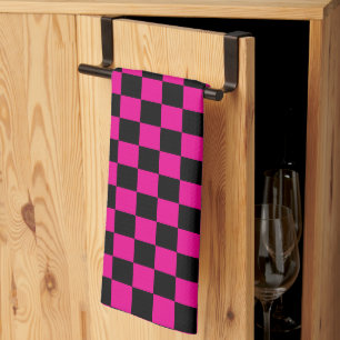 Hot Pink and Black Chequered Print Tea Towel