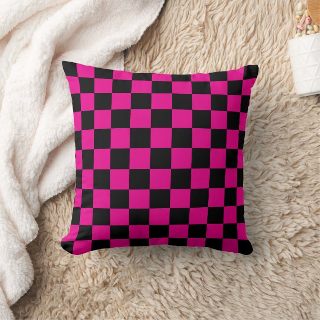 Hot Pink and Black  Chequered Print Throw Pillow (Blanket)