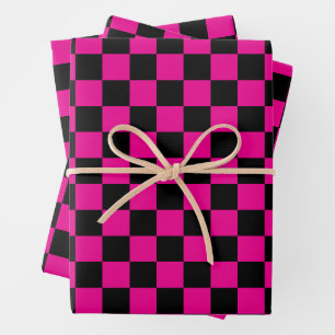 Hot Pink and Black Chequered Print Wrapping Paper Sheet