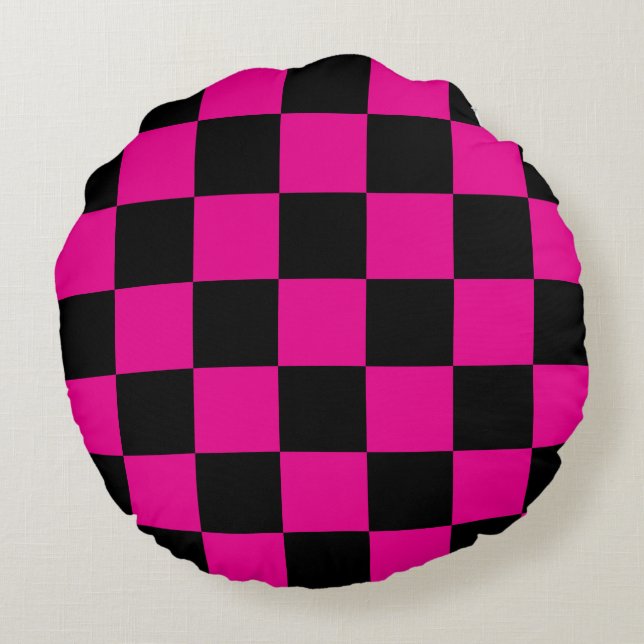 Hot Pink and Black Chequered Round Cushion (Back)